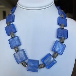 Foil Blue Glass Square Bead Necklace Silver Tone Bead Señorita Clasp 16” Adjust